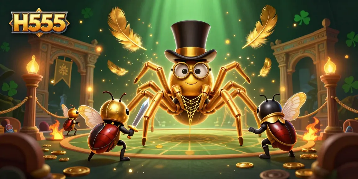 H555 leads an exciting adventure in this casino-themed illustration with a golden tarantula and brave beetle knight.