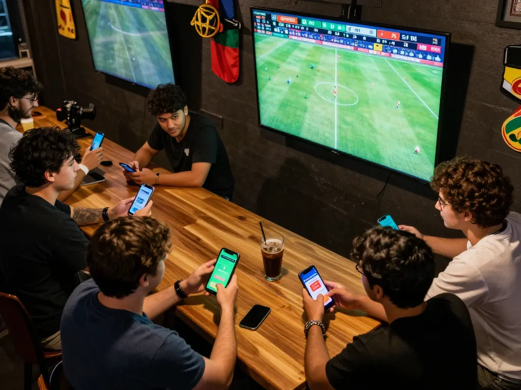 Socolive users actively engaged in live sports betting during a match with vibrant screens and drinks around.