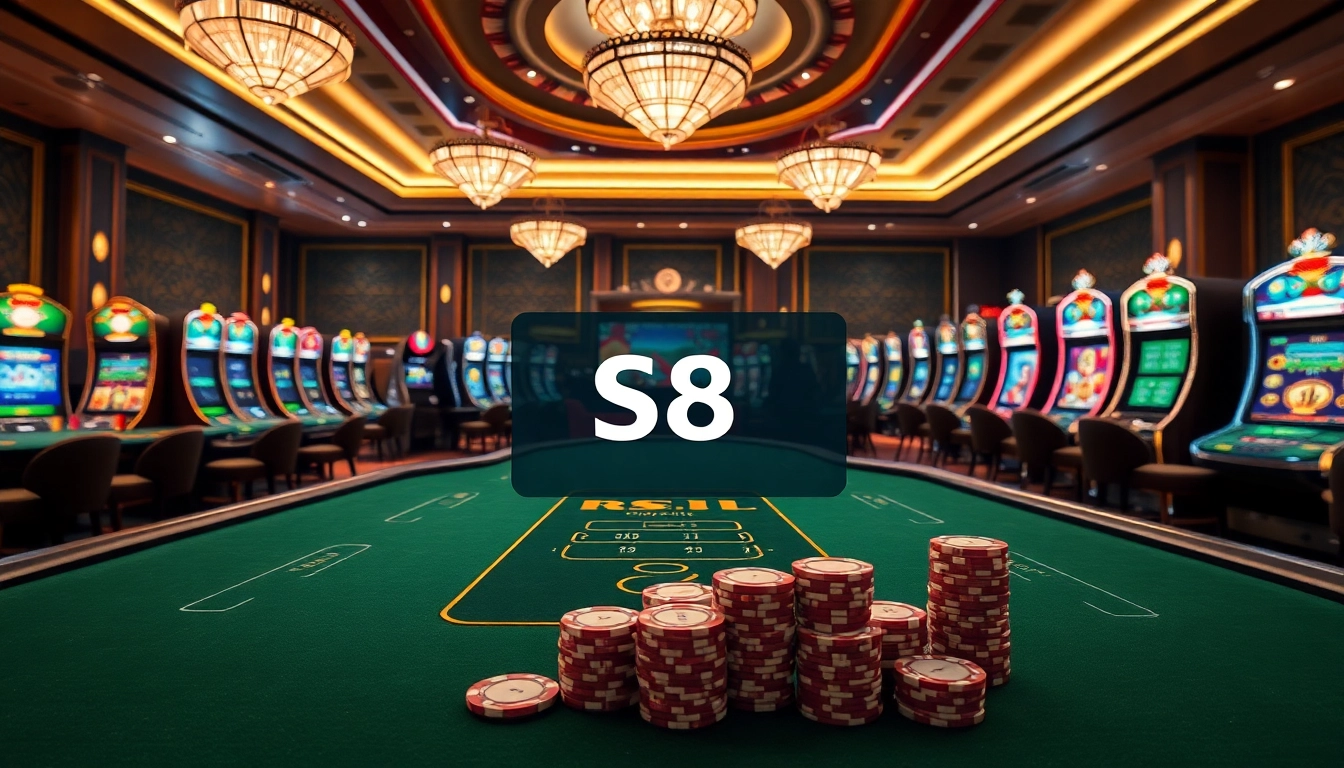 Engage with Đăng nhập S8 by experiencing a vibrant online casino filled with poker tables and slot machines.