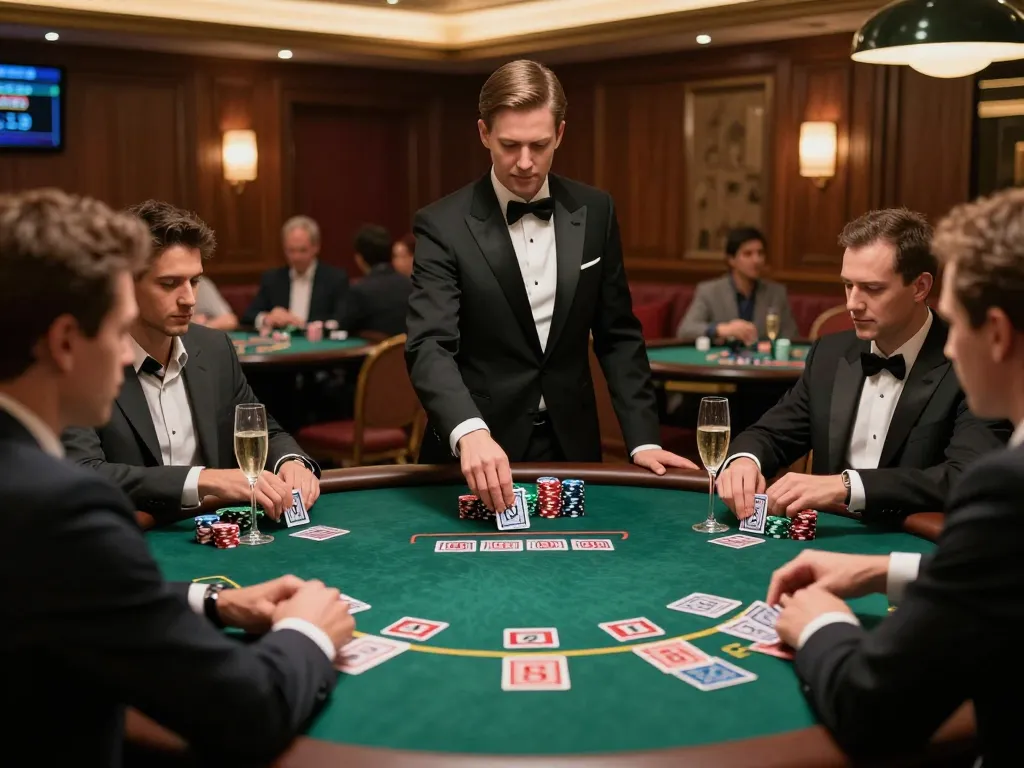 ONE88 players strategize at an elegant blackjack table in a luxurious casino setting.