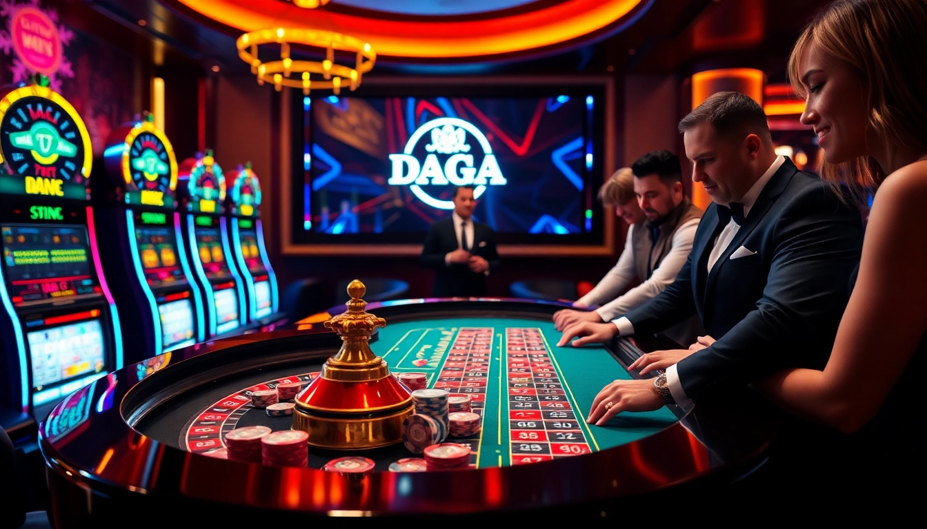 DAGA gaming experience showcasing a vibrant roulette table and engaging players in a luxurious casino.