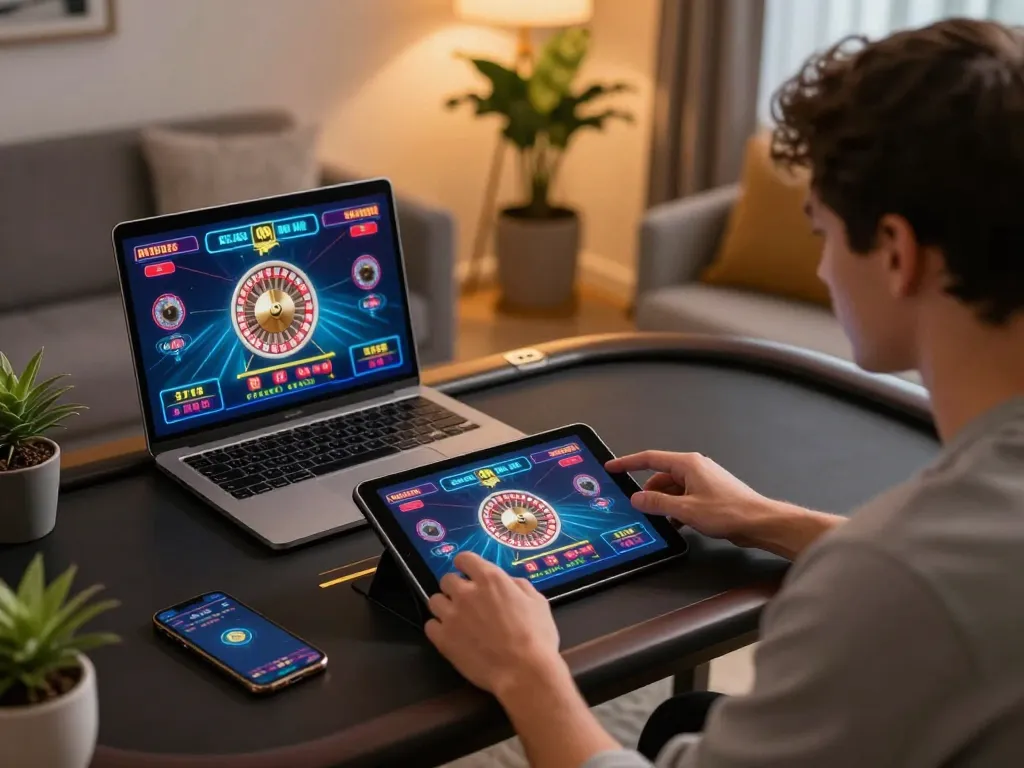 Player engages in online FC88 roulette gaming with tablet and laptop in cozy home setting.