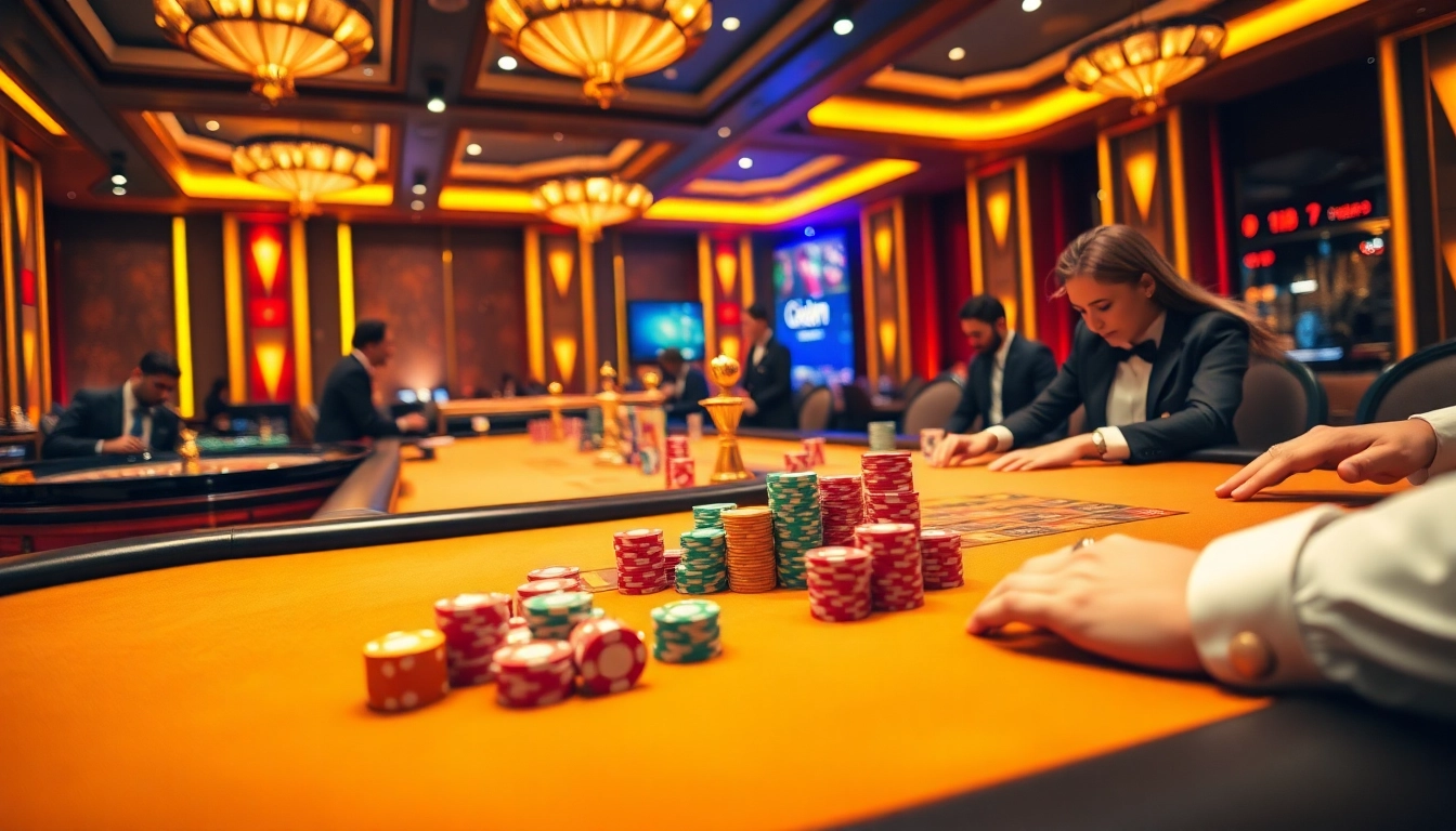 A vibrant casino scene from 789f.site/, showcasing players engaging in poker and roulette for a thrilling experience.