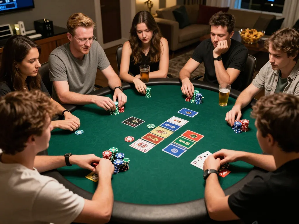 Friends enjoying a thrilling poker game at home, focusing on SC88 gameplay strategy with colorful chips and cards visible.