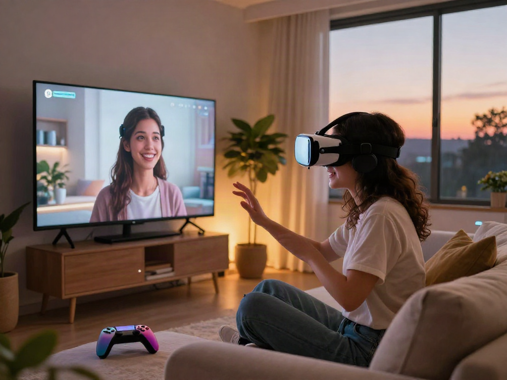 AI girlfriend avatar interacting with a user in a cozy virtual dating scene.