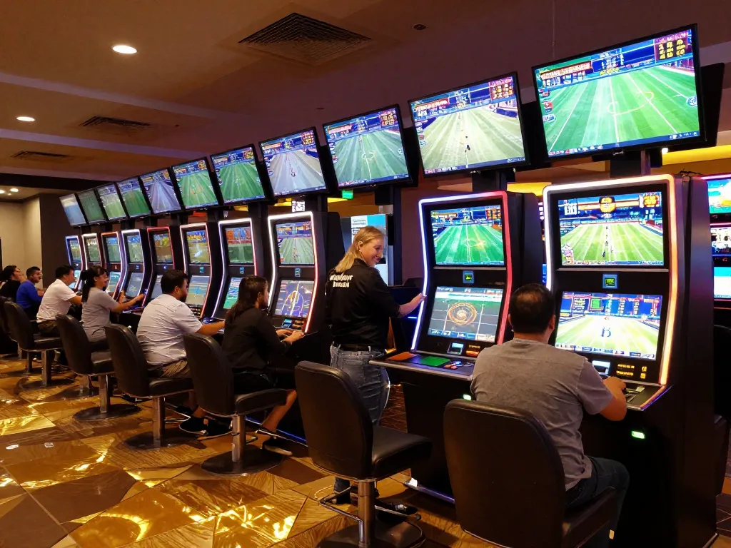 Kèo nhà cái displayed on screens, excited patrons placing bets in a modern sports betting area.