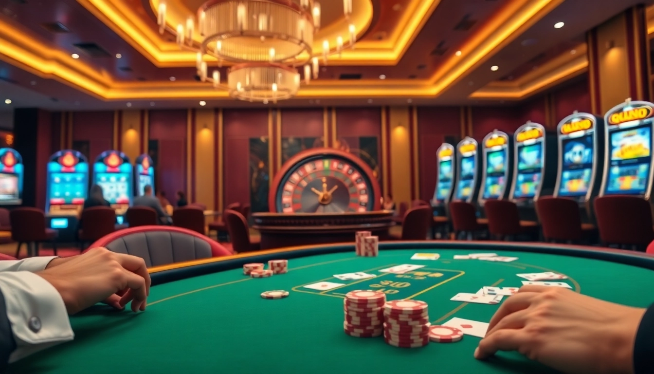 Players engaging in high-stakes poker at https://nk88nk.com/ showcasing luxury and excitement in a casino environment.