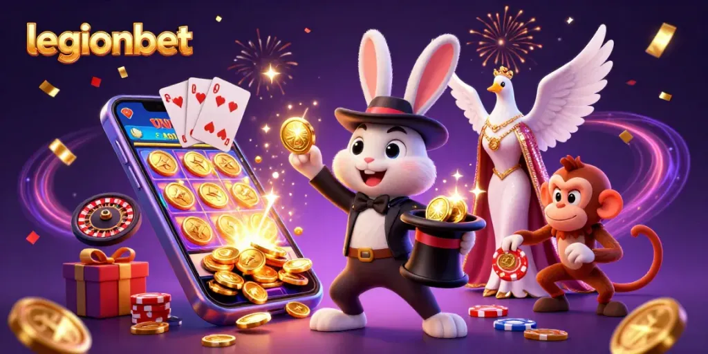 Experience the magic of gambling with legionbet's whimsical casino scene featuring playful characters.