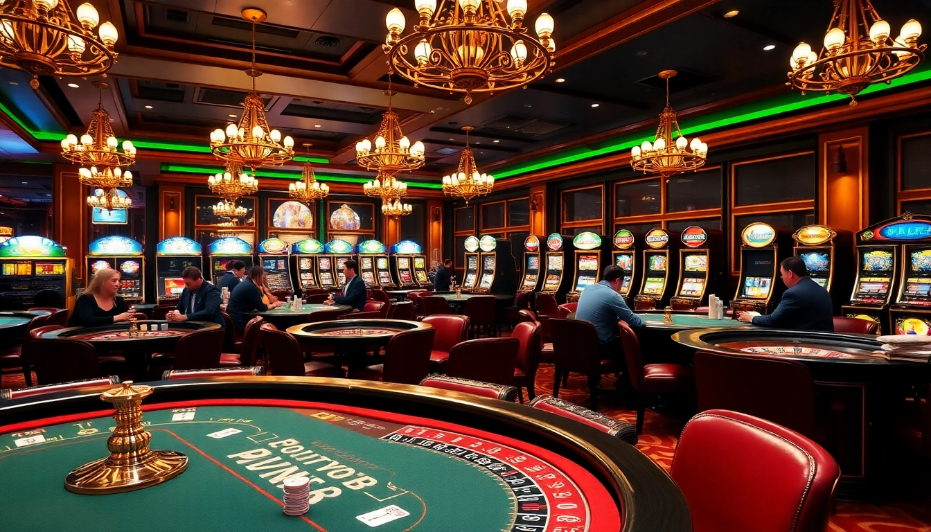 Engaging casino scene with players at rr88 poker tables and roulette wheels.