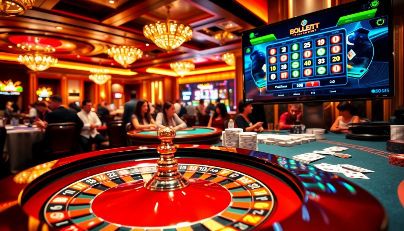 Players enjoying a thrilling roulette game at https://good88k.co/, surrounded by vibrant casino elements.