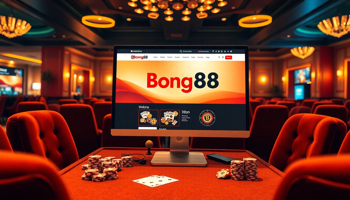 Explore the excitement of online gambling at Bong88 with vibrant visuals of poker chips and a sleek interface.