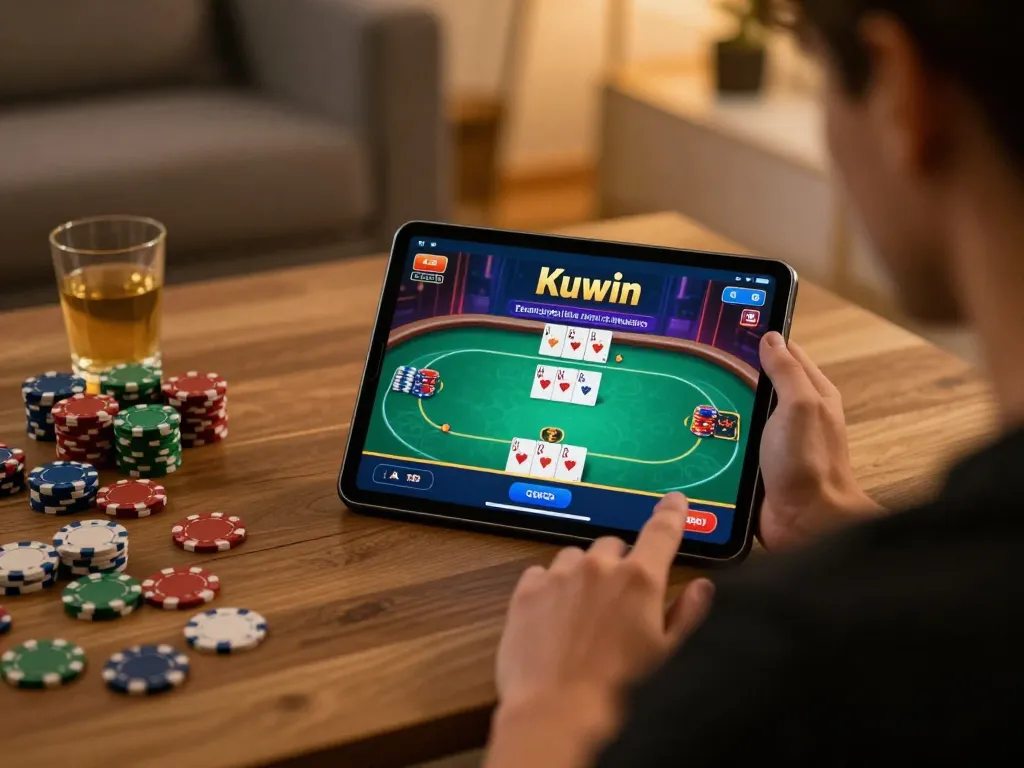 Kuwin app showcased on a tablet while a player engages in an online poker game, enhancing the thrilling online gambling experience.