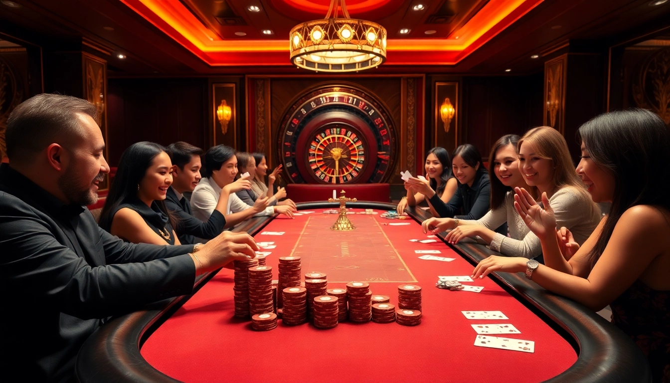 Players enjoying an engaging game of poker at NK88's luxurious casino table.