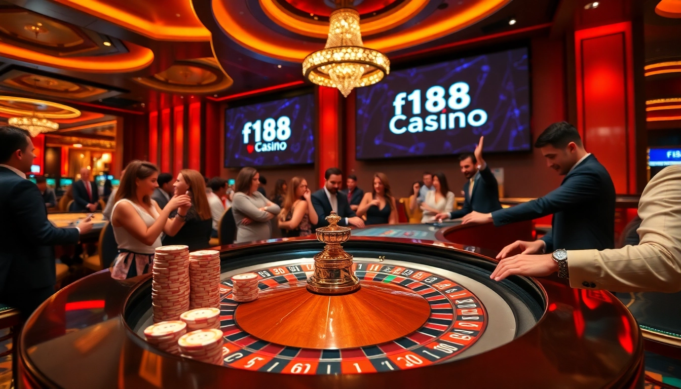 F168 Casino vibrant roulette table with excited players enjoying a thrilling gambling experience.