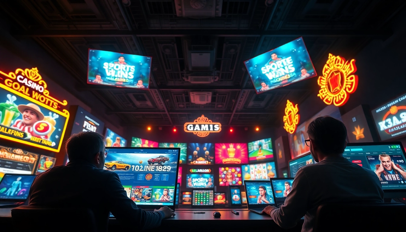 Goal123 online gambling atmosphere with interactive games and vibrant lighting.