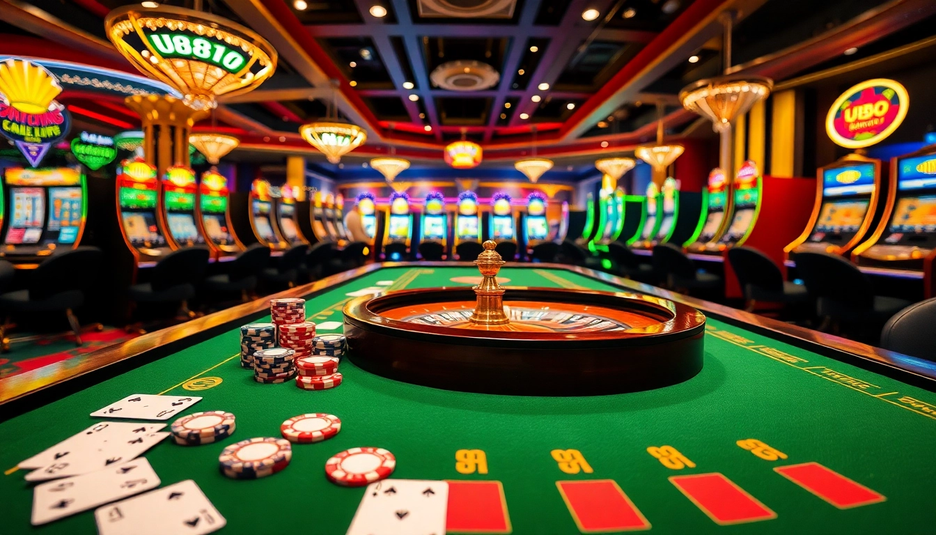 UU88 gaming table featuring vibrant poker chips and a roulette wheel in a luxurious casino scene.
