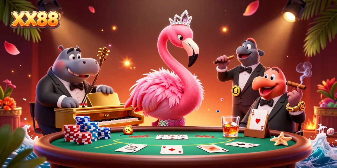 Experience the vibrant XX88 casino scene with a flamingo singer and hippo bassist amidst lively poker elements.