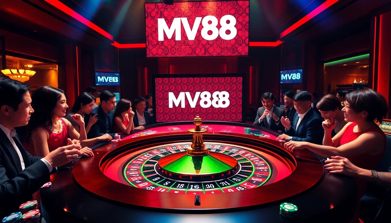 Players enjoying the exciting MV88 roulette game in a luxurious casino atmosphere.