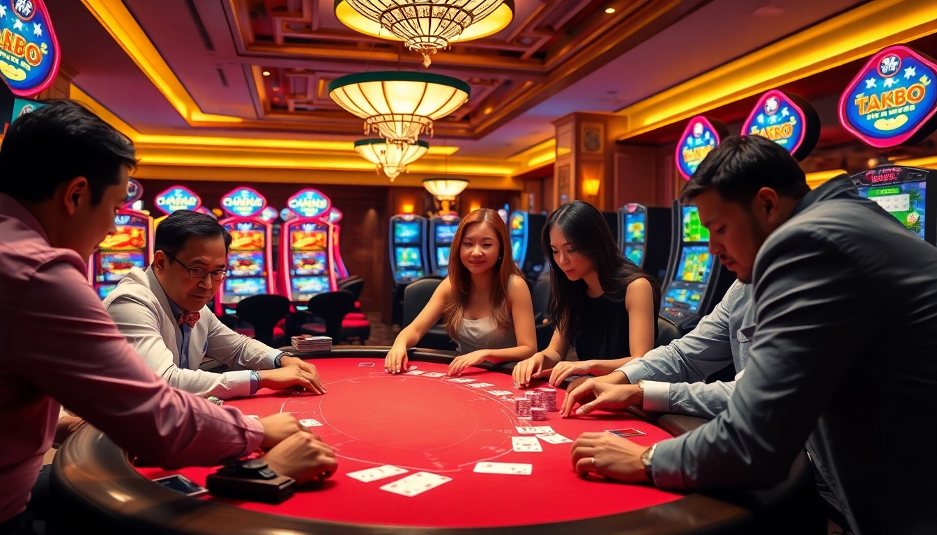 Experience the thrill of gambling at TG88 with vibrant slot machines and intense poker players.