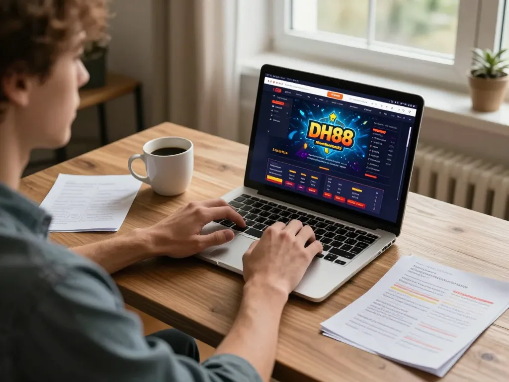 Player engaged with DH88 online casino on laptop in a cozy home environment, focused and strategizing.