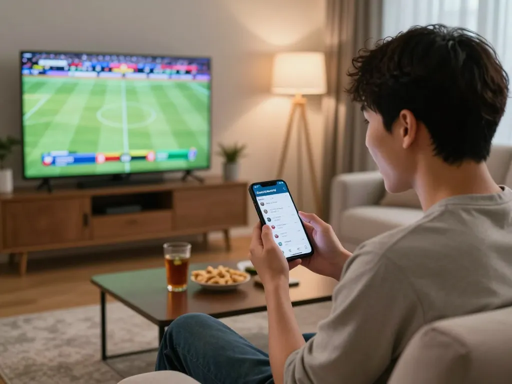 Engaged bettor using keonhacai app on smartphone while watching live sports, showcasing an exciting atmosphere