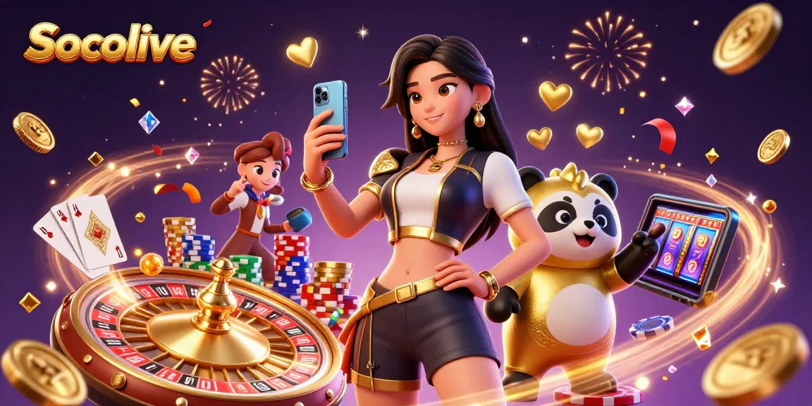 Socolive enriches the gaming experience with a vibrant 3D scene showcasing an elegant woman amidst golden coins and lively gambling elements.