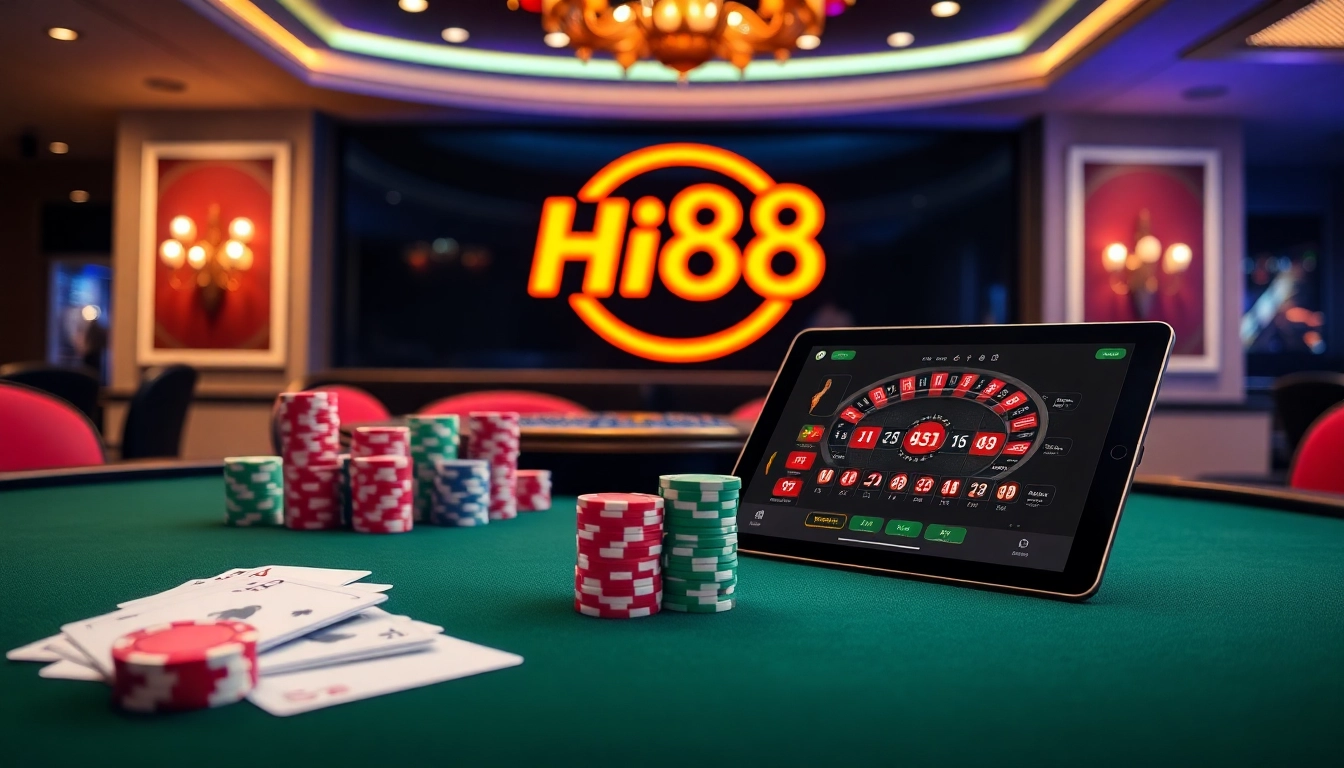 Experience thrilling gambling at Hi88 with a vibrant casino scene featuring poker and roulette.