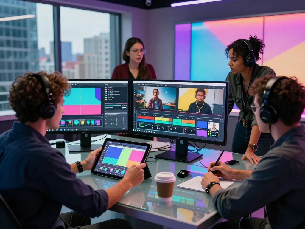 Creators using seedance 2.0 in a high-tech studio for video production