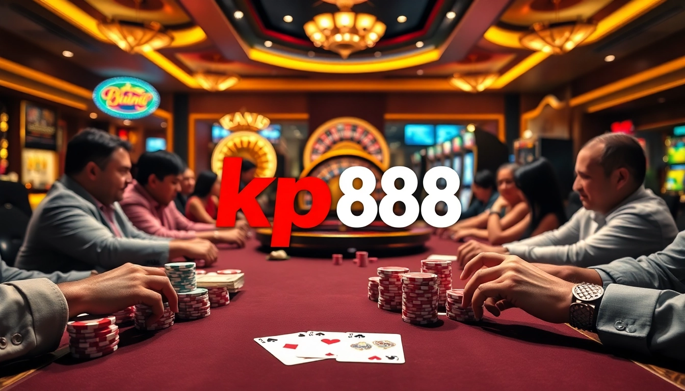 Players engaging in an exciting game at the kp88 poker table amidst a dazzling casino atmosphere.