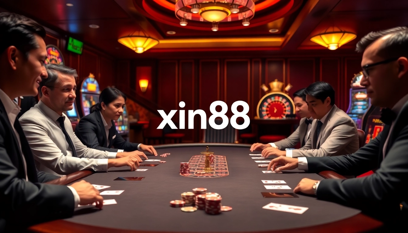 Players engaging in a high-stakes game at a luxurious xin88 casino table with vibrant chips and cards.