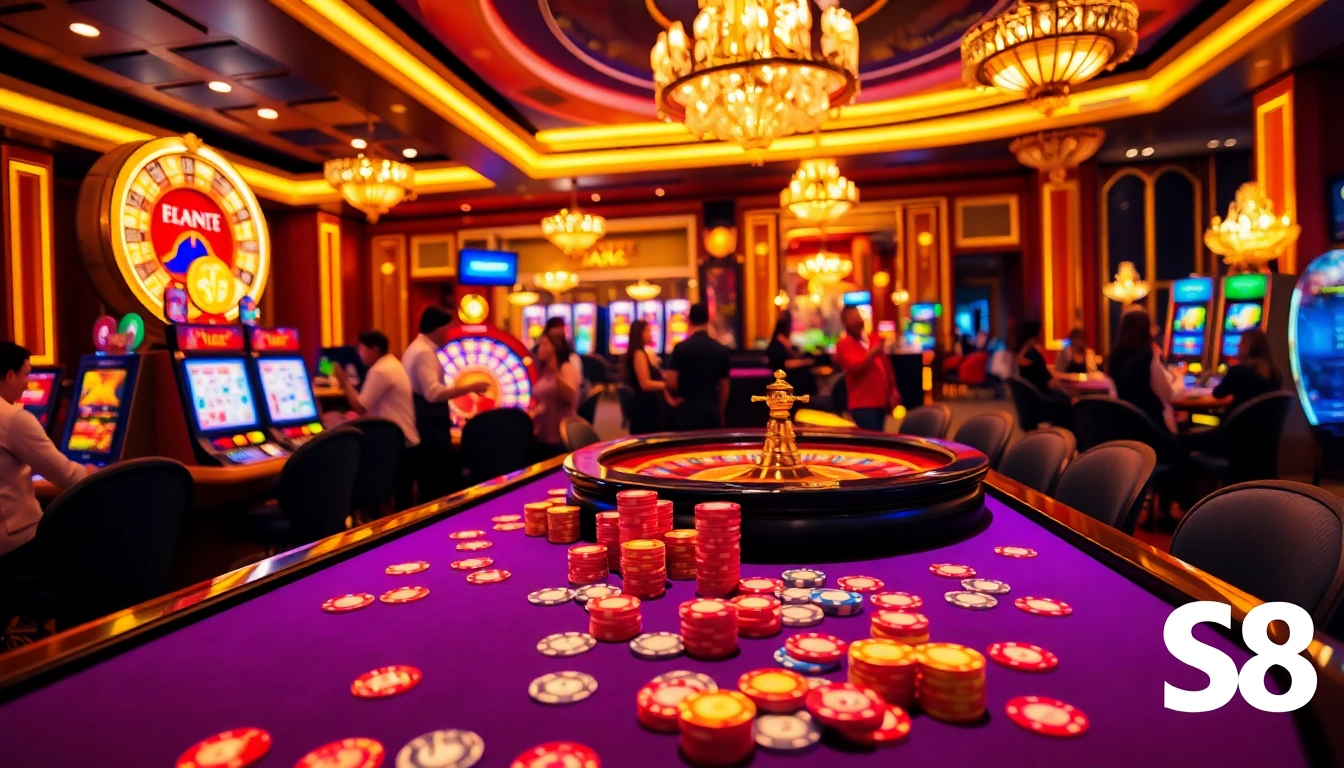 S8 casino players enjoy diverse games at vibrant tables and slot machines.
