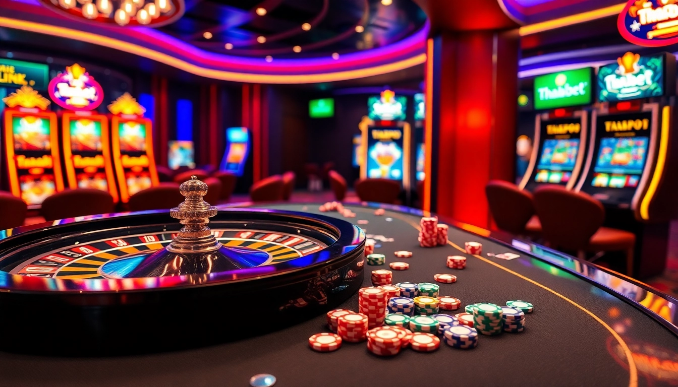 Experience the thrill of online gambling with THABET link featuring roulette and vibrant slot machines.