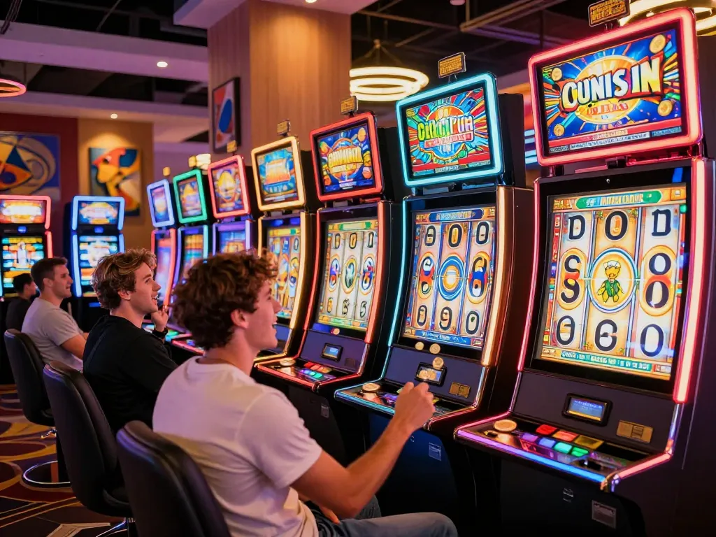 Players enjoying the thrilling slot machines at mb66 casino, celebrating wins in vibrant atmosphere.