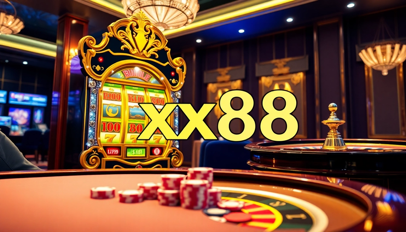 Spin the xx88 slot machine in a luxurious casino setting filled with vibrant gambling elements.