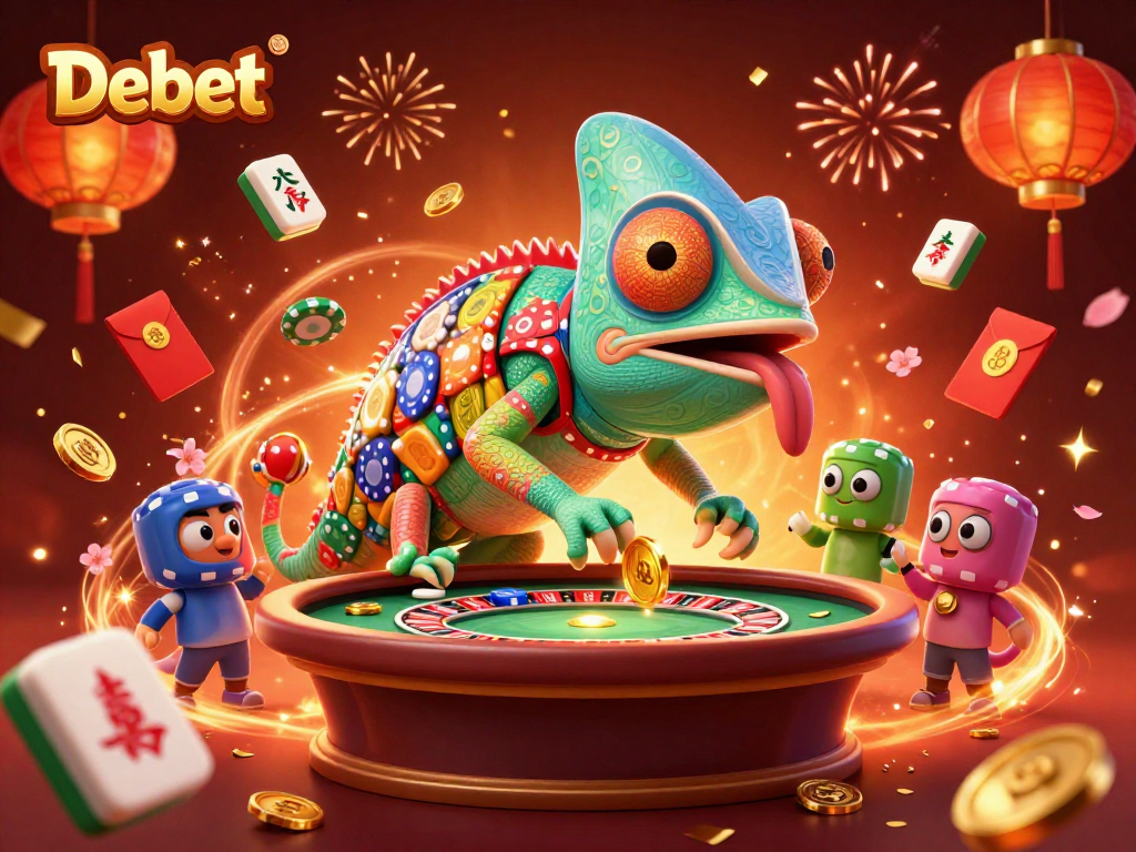 Engage with Debet: A vibrant chameleon casino owner snatches golden coins amidst colorful gambling elements.