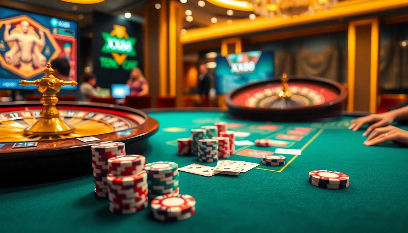 Betting action at a luxurious XX88 casino table with vibrant poker chips and cards.