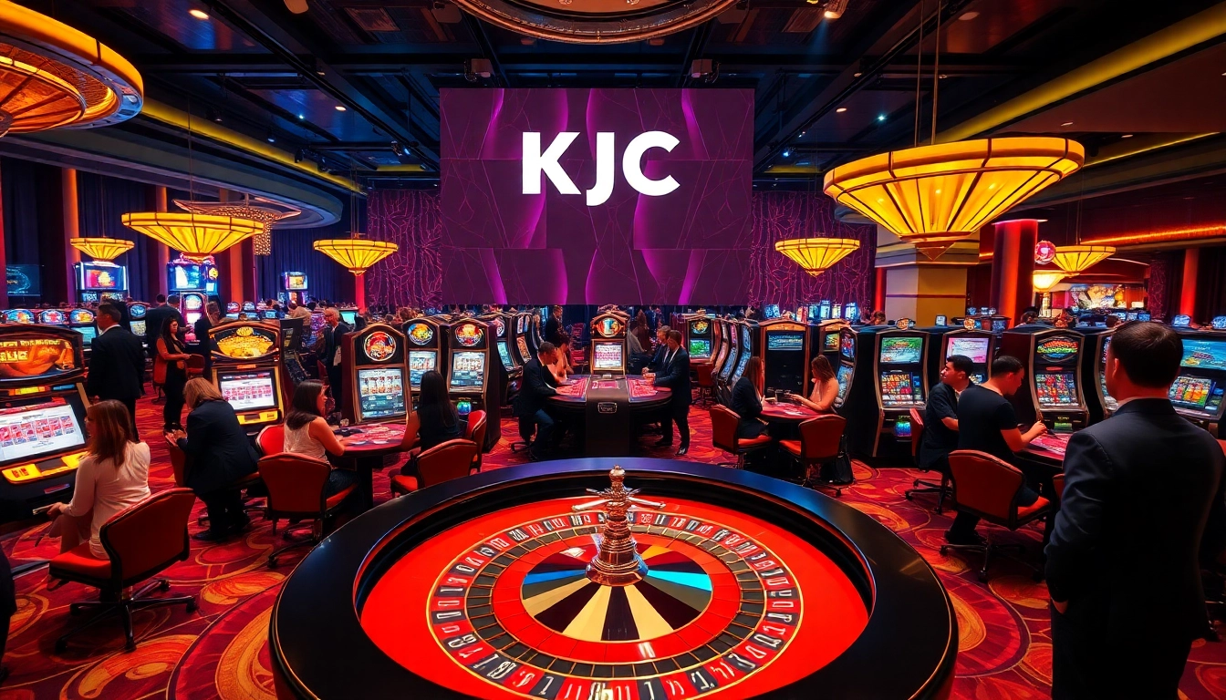 Excited players engaging at KJC's luxurious casino table games and slot machines.