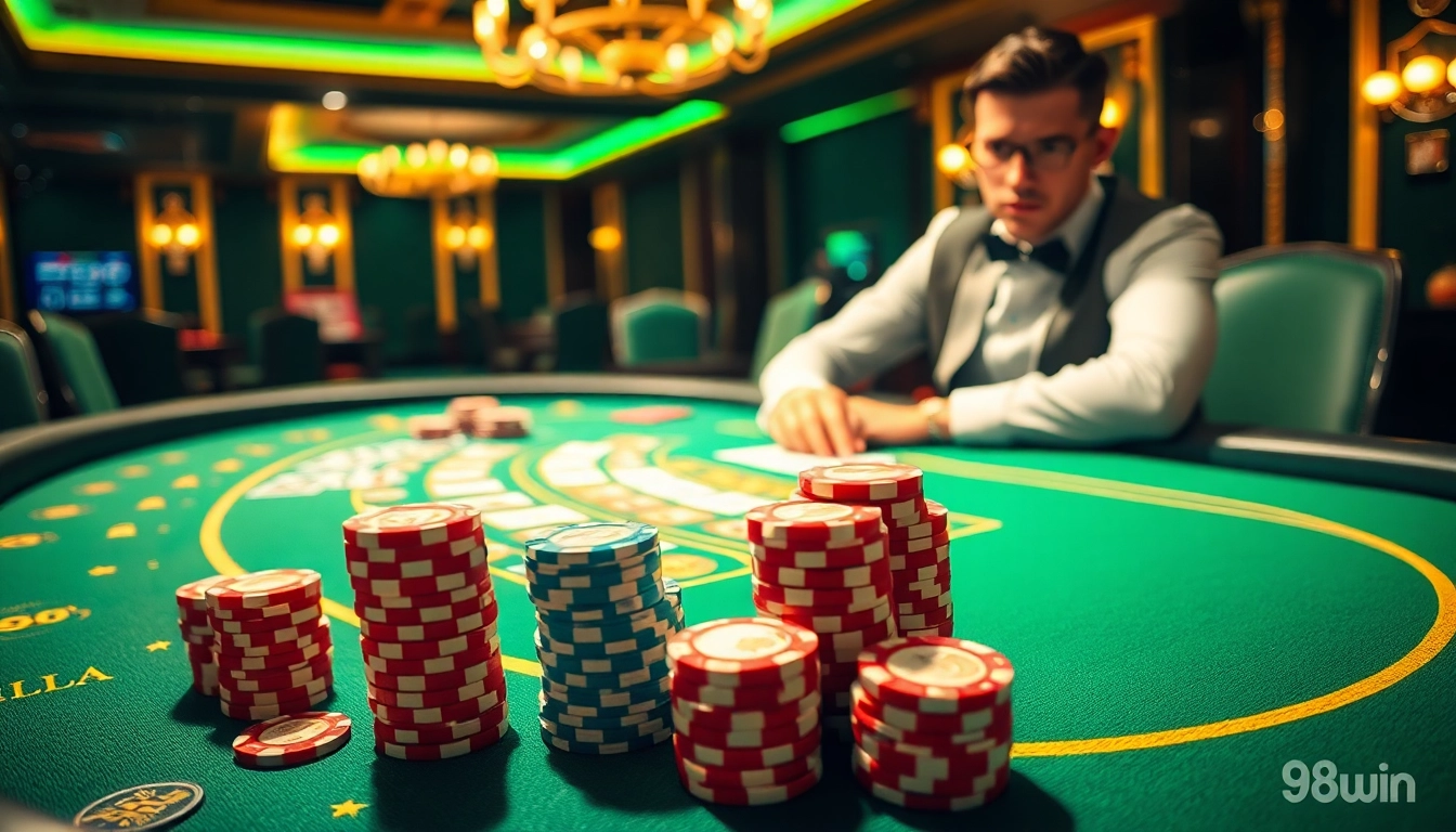 A confident player considers an all-in move at 98win's luxurious blackjack table, surrounded by rich casino elements.