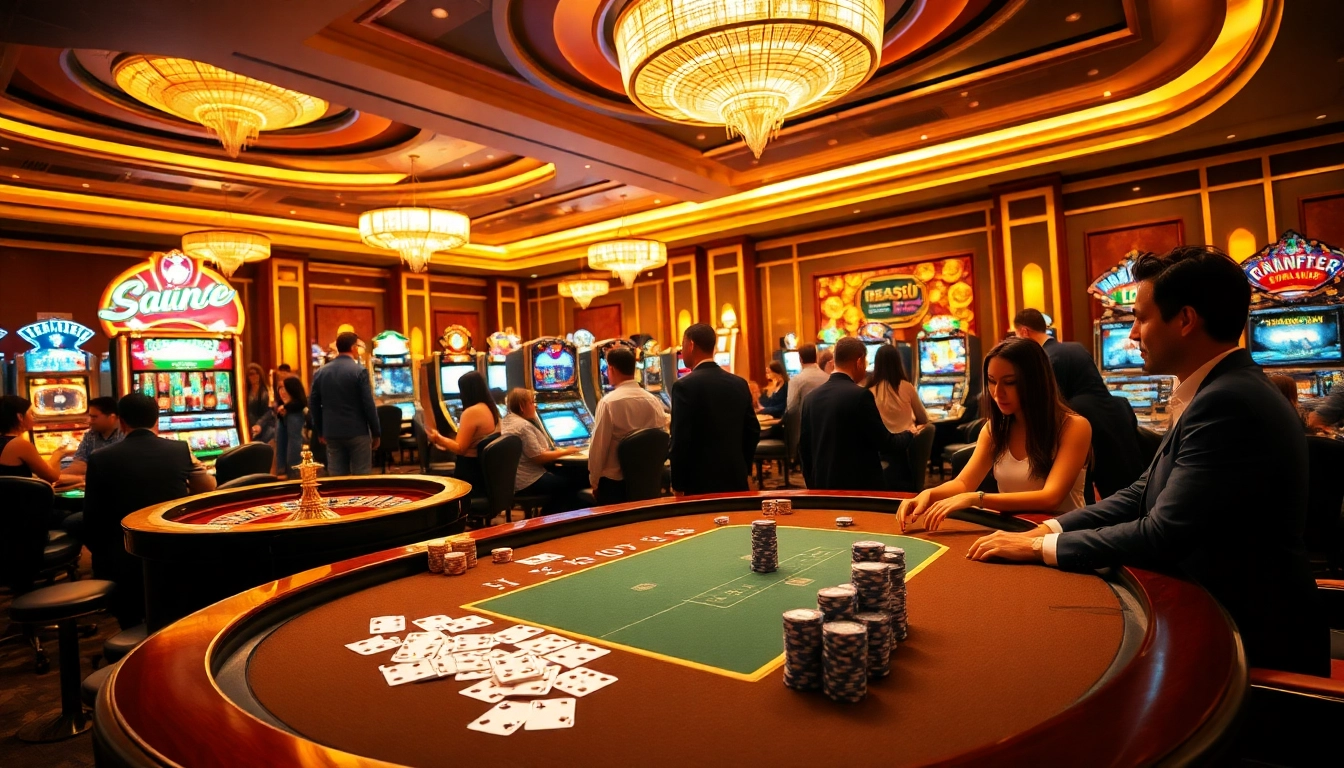 Experience the thrill of gambling at https://f168.me/ showcasing a lively casino scene with players, cards, and slots.