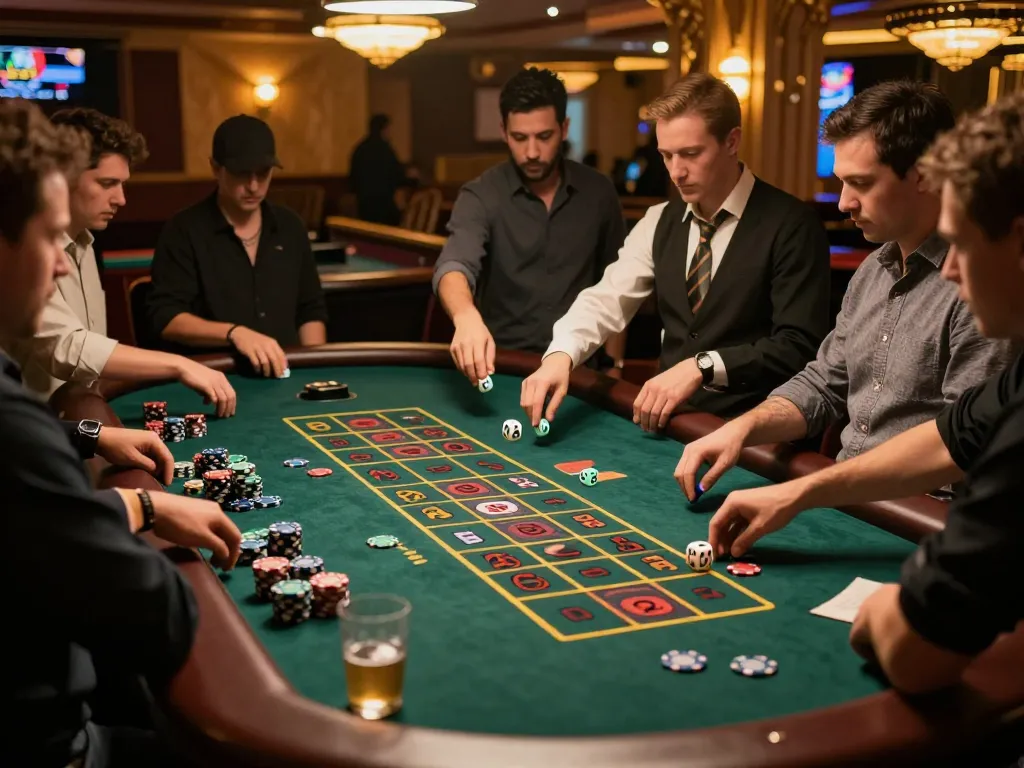Players engaging with dice on craps table at https://cak-t.com/, capturing excitement and vibrant atmosphere in casino.
