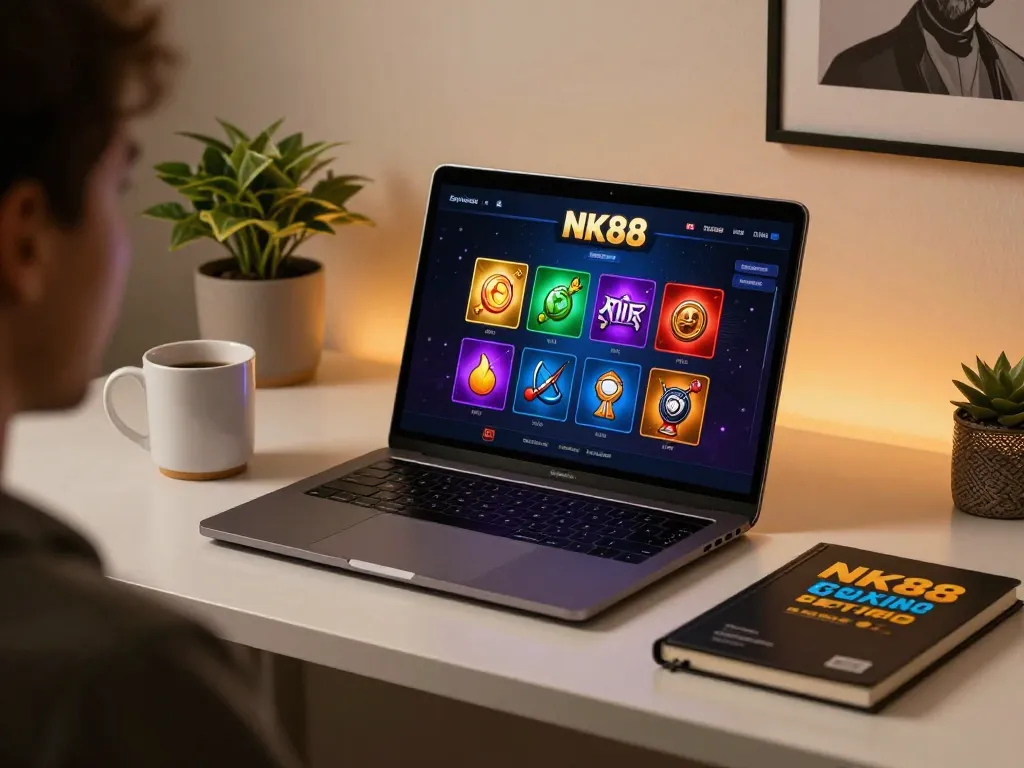 Engage with NK88’s online gaming experience on a stylish laptop with colorful game interface.