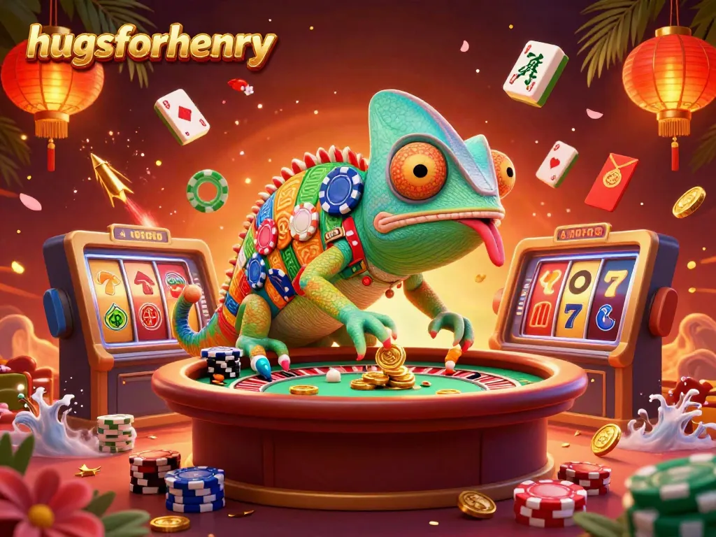 Experience the vibrant energy of the HugsforHenry casino with dynamic gameplay elements and a lively chameleon owner.