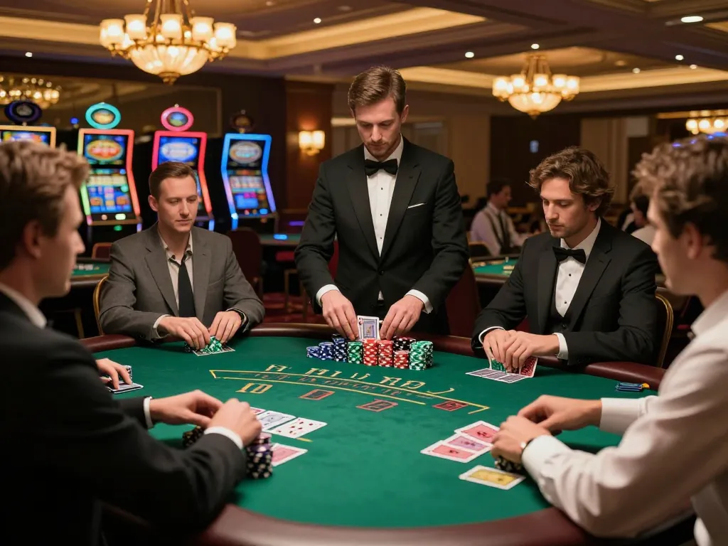 Players showcasing strategies at a Tic88 blackjack table in a vibrant casino atmosphere