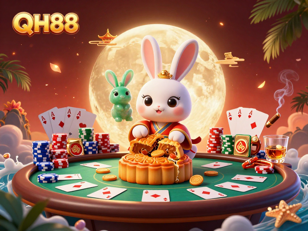 QH88 showcases a 3D cartoon moon rabbit celebrating with poker chips among vibrant casino elements.