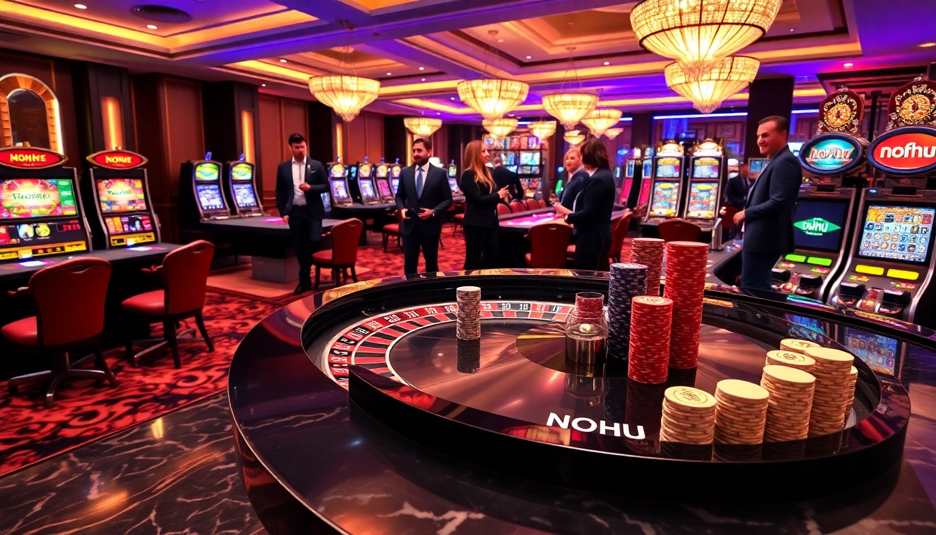 Excited players spinning the NOHU roulette wheel in a luxurious casino environment.