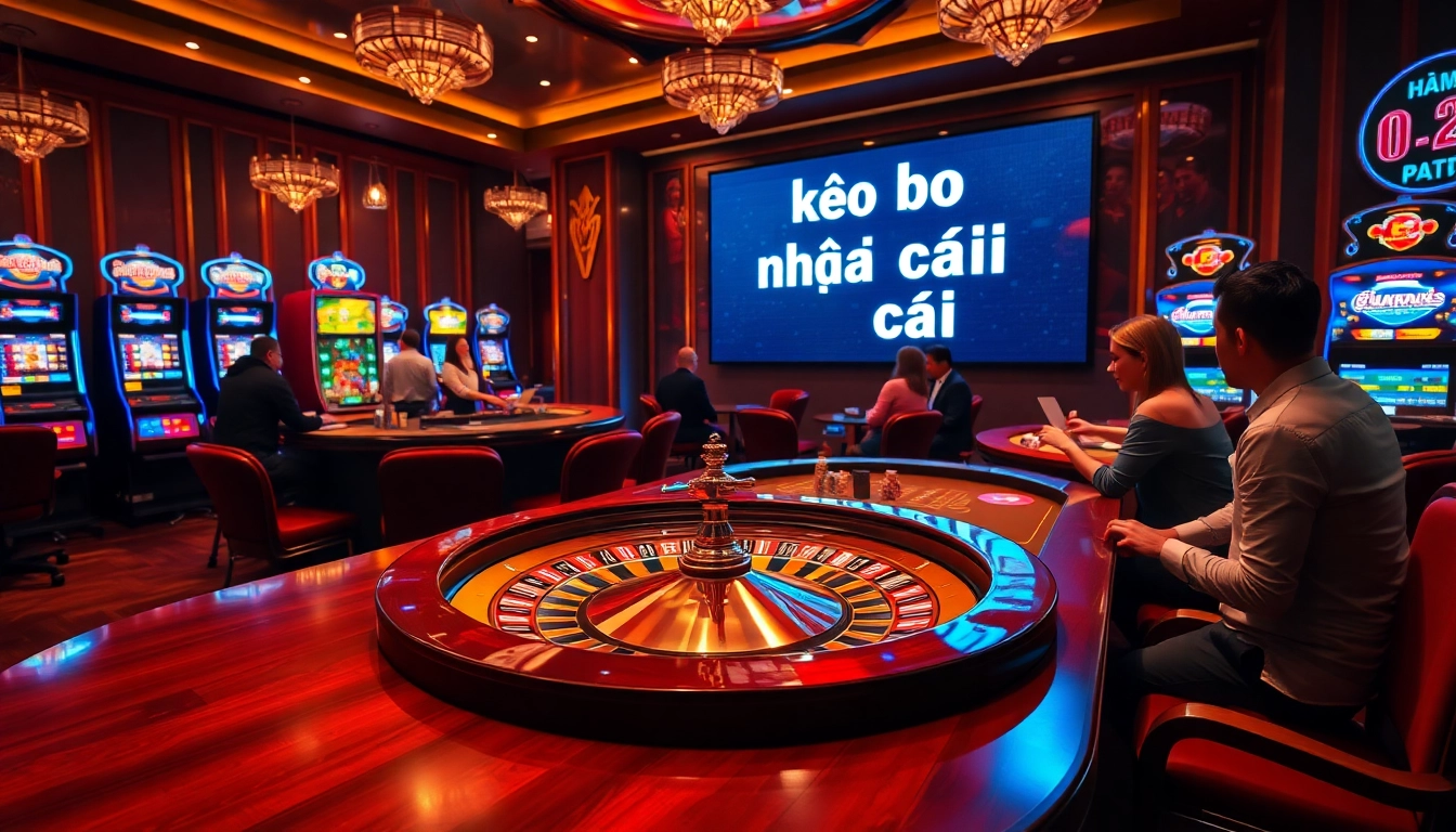 Gambling scene with kèo nhà cái elements featuring poker chips and a roulette wheel.
