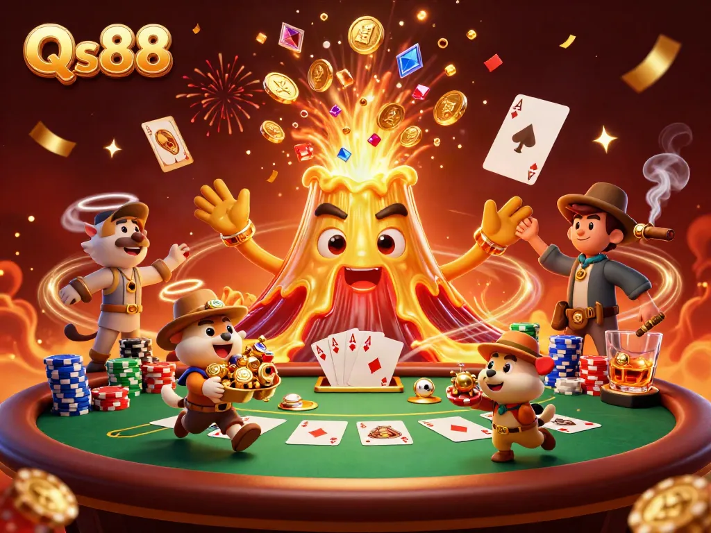Experience treasure hunting with Qs88's animated casino theme featuring majestic gold volcano and poker elements.