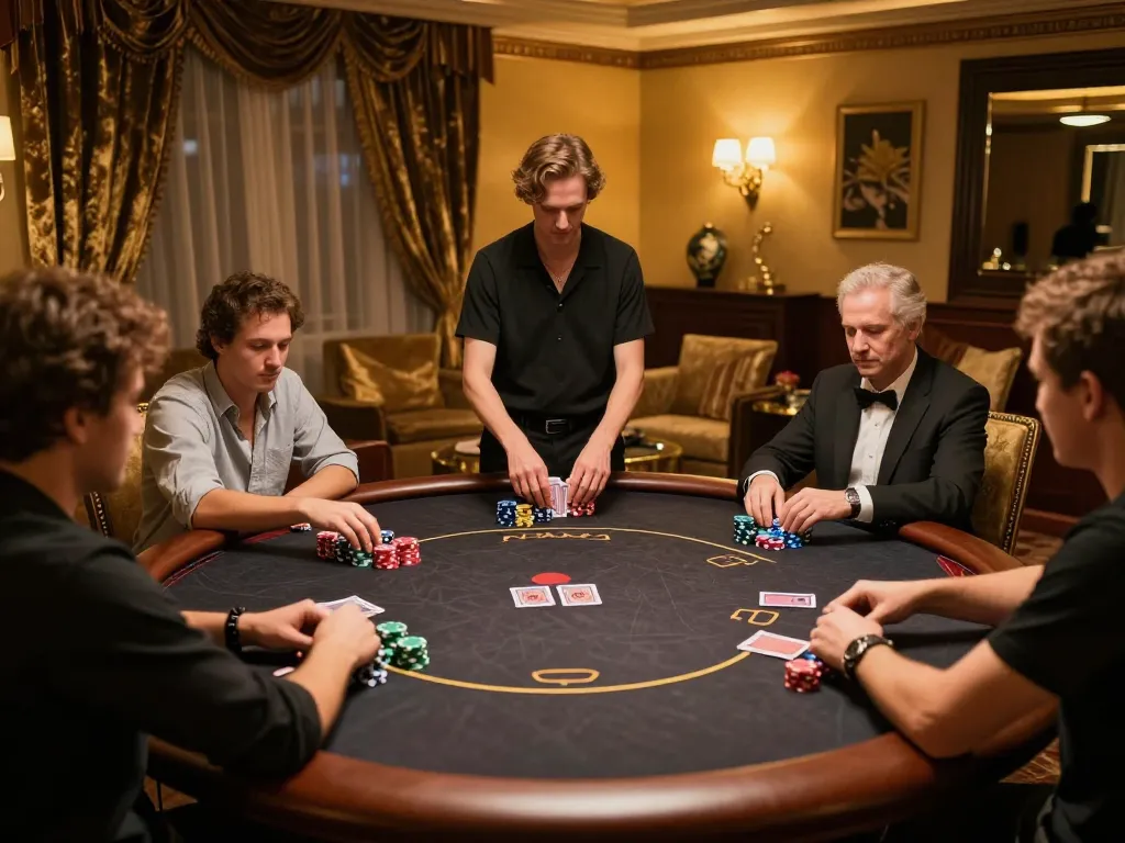 Engaged players at a luxurious poker table strategizing in a casino with luckywin atmosphere