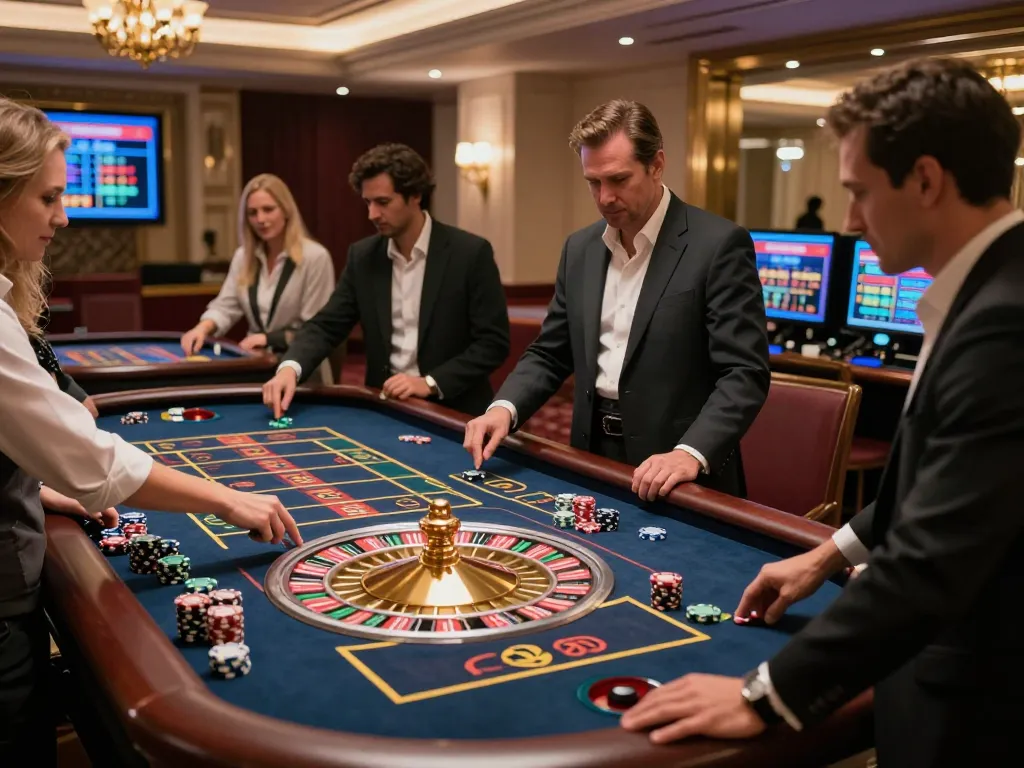 Experience thrilling gameplay at hitclub with a vibrant roulette table and engaged players in a luxurious setting.