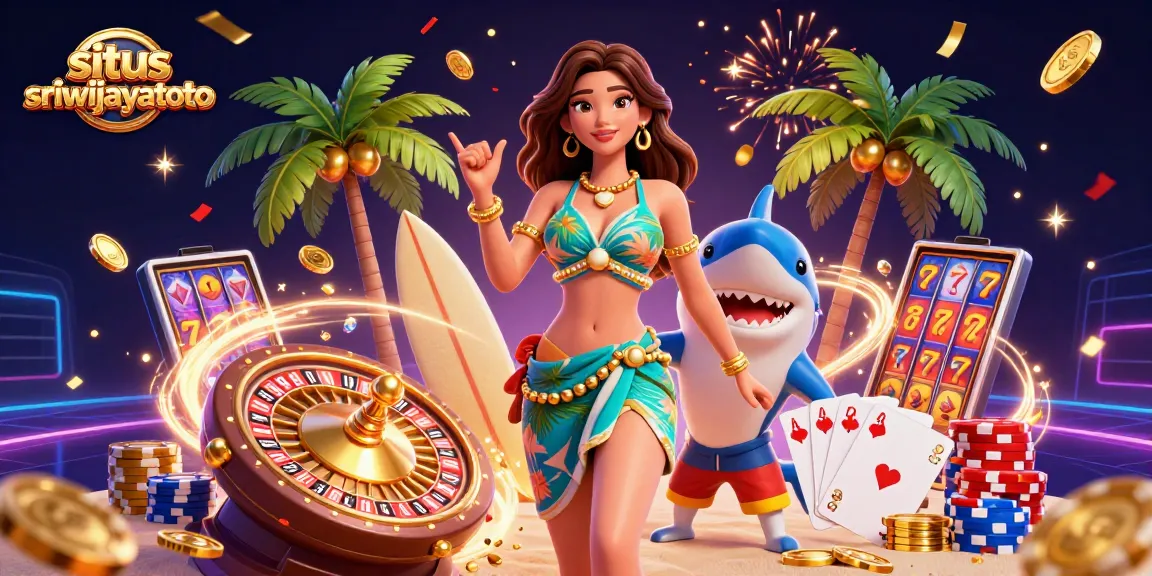 Place bets on situs sriwijayatoto with a vibrant scene of winnings and festive casino elements.